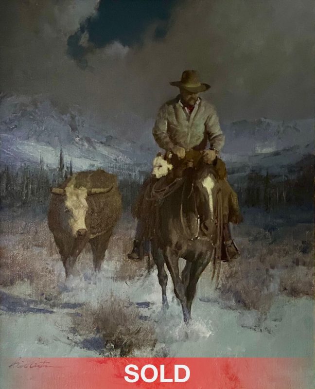 Bill Anton Rescued Between Blizzards snow storm cow cattle horse cowboy western landscape oil painting sold