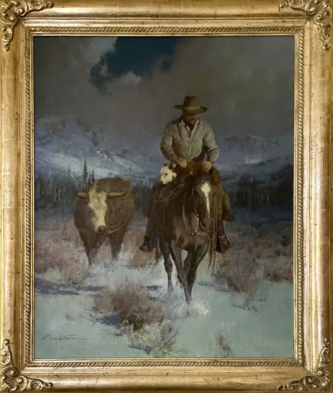 Bill Anton Rescued Between Blizzards snow storm cow cattle horse cowboy western landscape oil painting framed