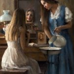 Damian Lechoszest "A Sister's Secret" girls women woman dressing mirror western oil painting