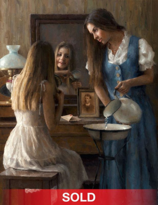 Damian Lechoszest "A Sister's Secret" girls women woman dressing mirror western oil painting