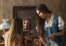 Damian Lechoszest "A Sister's Secret" girls women woman dressing mirror western oil painting