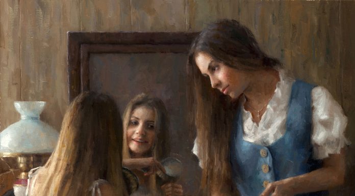 Damian Lechoszest "A Sister's Secret" girls women woman dressing mirror western oil painting