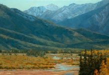Darcie Peet Autumn Shallows river stream brook high mountain lake mountains Canada Bow River Vermillion Lakes Banff Canadian Rockies western landscape oil painting