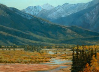 Darcie Peet Autumn Shallows river stream brook high mountain lake mountains Canada Bow River Vermillion Lakes Banff Canadian Rockies western landscape oil painting