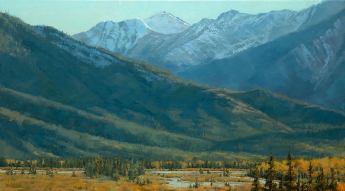 Darcie Peet Autumn Shallows river stream brook high mountain lake mountains Canada Bow River Vermillion Lakes Banff Canadian Rockies western landscape oil painting