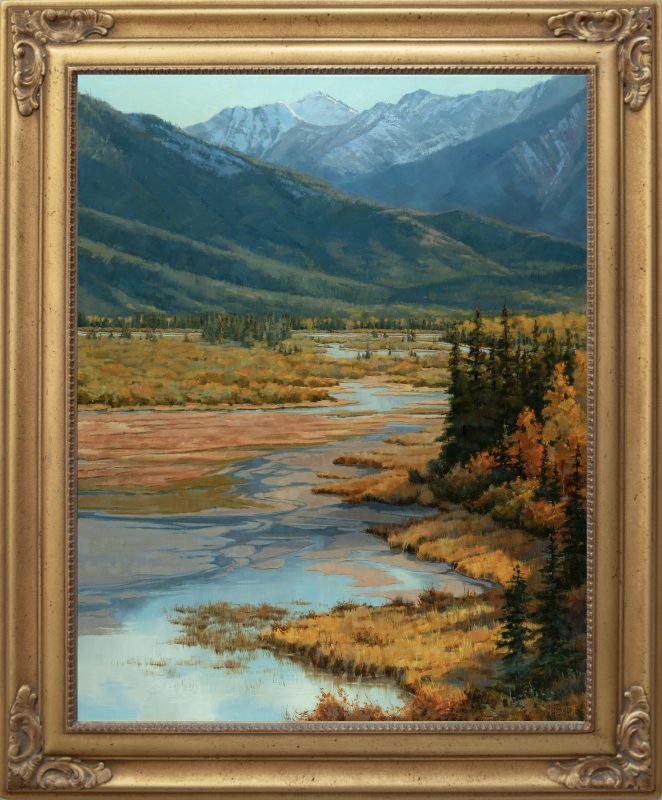 Darcie Peet Autumn Shallows river stream brook high mountain lake mountains Canada Bow River Vermillion Lakes Banff Canadian Rockies western landscape oil painting framed