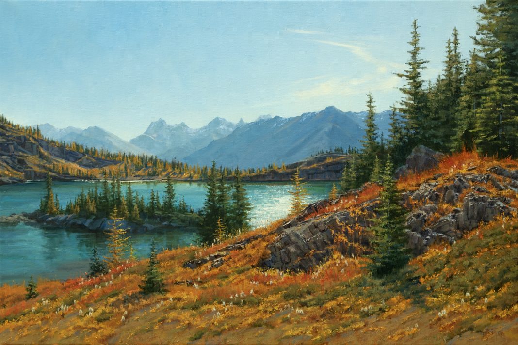 Darcie Peet Autumn Tamarack and Wildflower Wisps mountain lake fall Canada Rocky Mountains western landscape oil painting