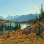 Darcie Peet Autumn Tamarack and Wildflower Wisps mountain lake fall Canada Rocky Mountains western landscape oil painting