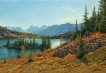 Darcie Peet Autumn Tamarack and Wildflower Wisps mountain lake fall Canada Rocky Mountains western landscape oil painting