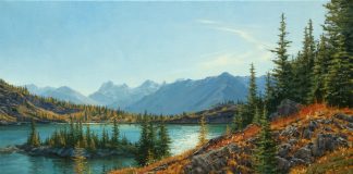 Darcie Peet Autumn Tamarack and Wildflower Wisps mountain lake fall Canada Rocky Mountains western landscape oil painting