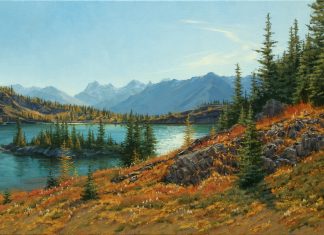 Darcie Peet Autumn Tamarack and Wildflower Wisps mountain lake fall Canada Rocky Mountains western landscape oil painting