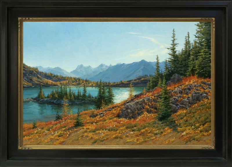 Darcie Peet Autumn Tamarack and Wildflower Wisps mountain lake fall Canada Rocky Mountains western landscape oil painting framed