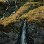 Darcie Peet "Fall Forever" waterfall lake high mountain western lake oil painting