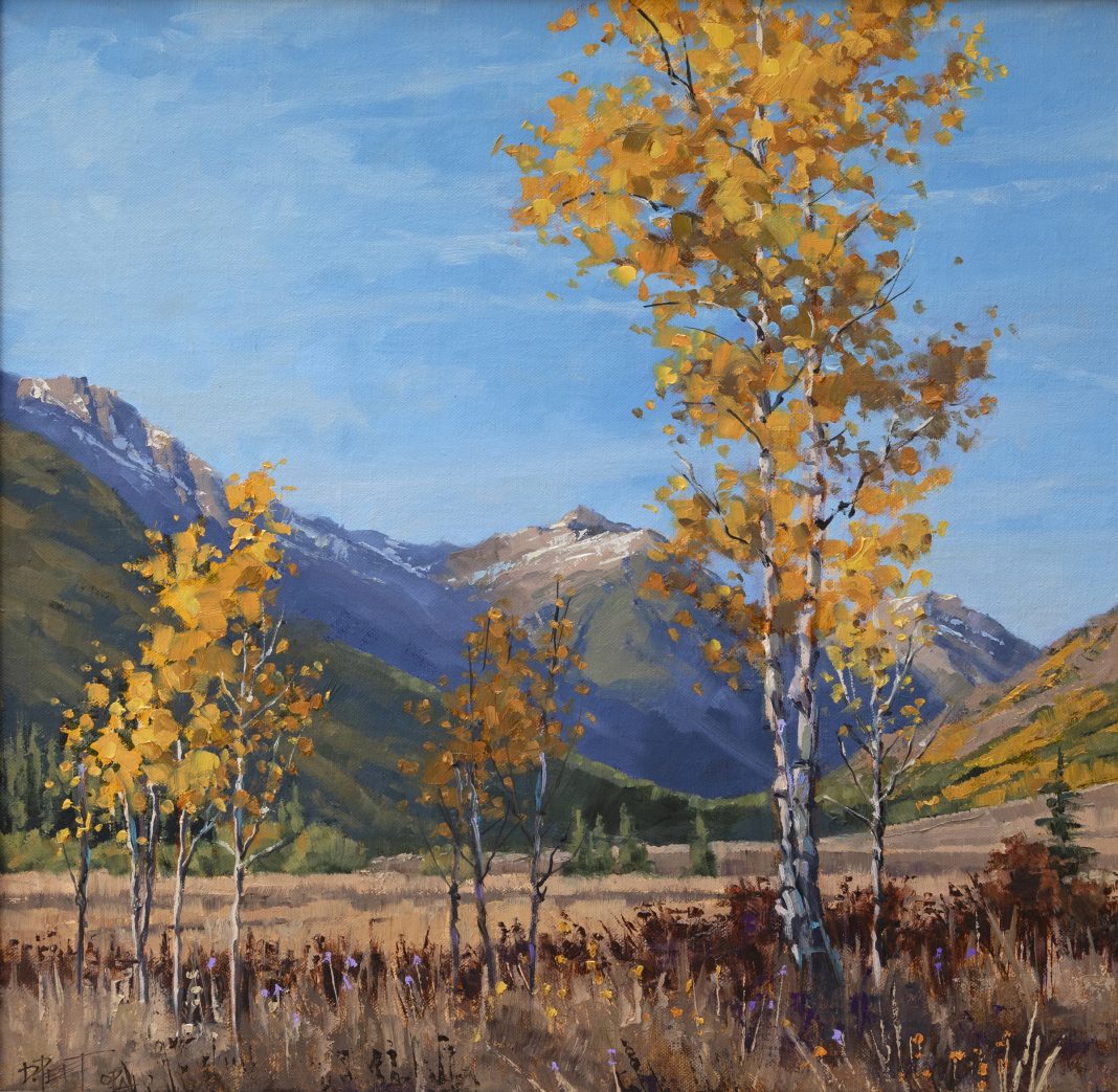 Darcie-Peet_Jet-Trails-Gold-Fall-Asters Darcie Peet Jet Trails And Gold Fall Asters tree mountain western landscape oil painting forest