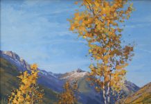Darcie Peet Jet Trails And Gold Fall Asters tree mountain western landscape oil painting forest