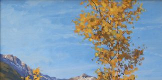 Darcie Peet Jet Trails And Gold Fall Asters tree mountain western landscape oil painting forest