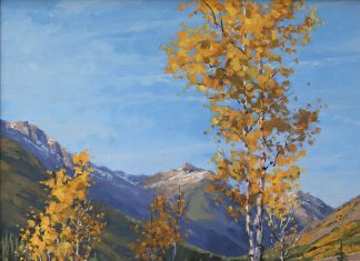 Darcie Peet Jet Trails And Gold Fall Asters tree mountain western landscape oil painting forest