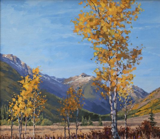 Darcie Peet Jet Trails And Gold Fall Asters tree mountain western landscape oil painting forest