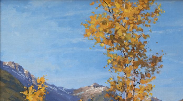 Darcie Peet Jet Trails And Gold Fall Asters tree mountain western landscape oil painting forest