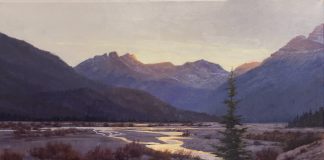 Darcie Peet Lavender Twilight Canadian Rockies landscape mountain stream river brook hike hiker western oil landscape painting