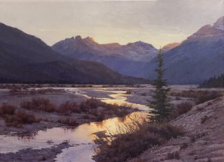 Darcie Peet Lavender Twilight Canadian Rockies landscape mountain stream river brook hike hiker western oil landscape painting