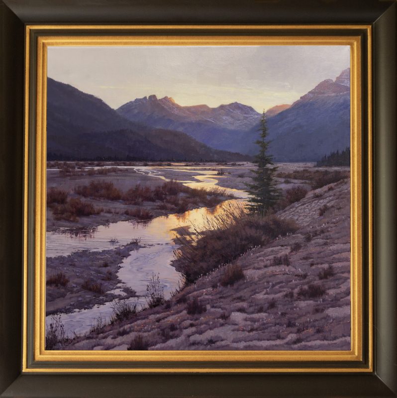 Darcie Peet Lavender Twilight Canadian Rockies landscape mountain stream river brook hike hiker western oil landscape painting framed