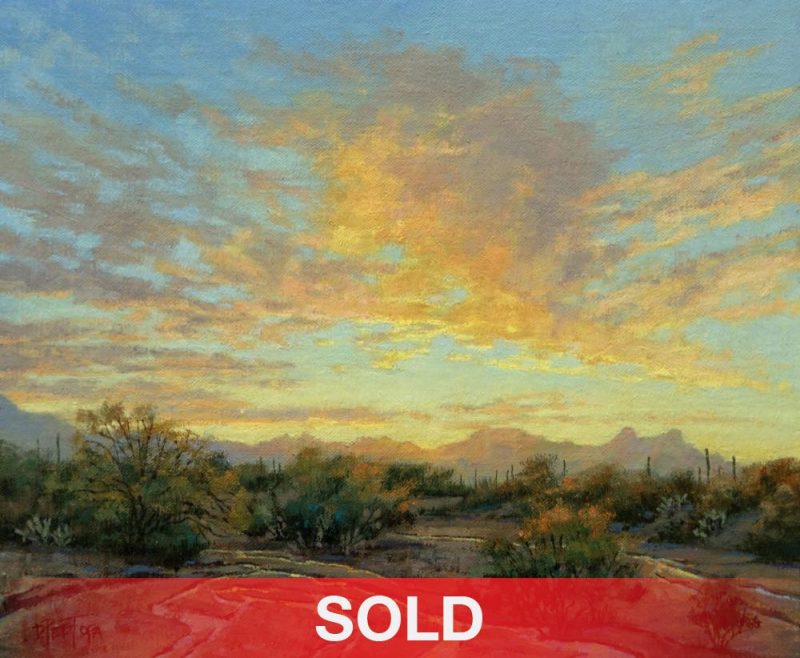 Darcie Peet Lingering Traces Desert Rain Tucson Arizona Mexican Hat mountain cloud sunset sunrise western landscape oil painting sold