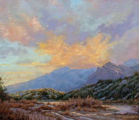 Darcie Peet Monsoon Morning desert western landscape Tucson Arizona Catalina Mountains western oil painting