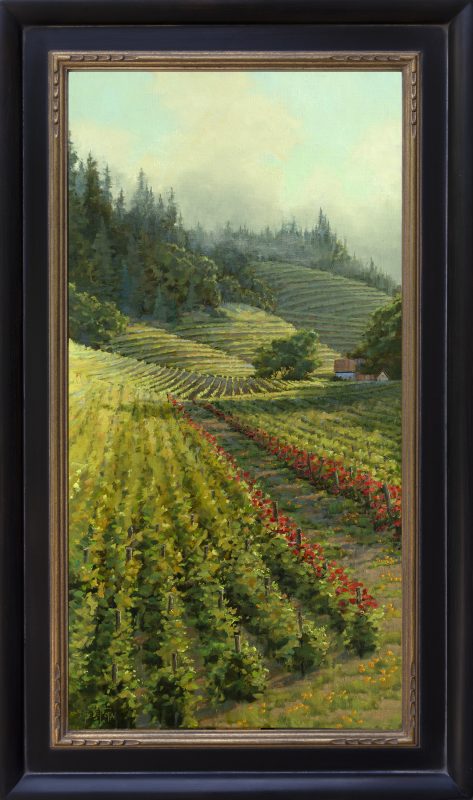 Darcie Peet Sea Fog Roses grape winery California landscape oil painting framed