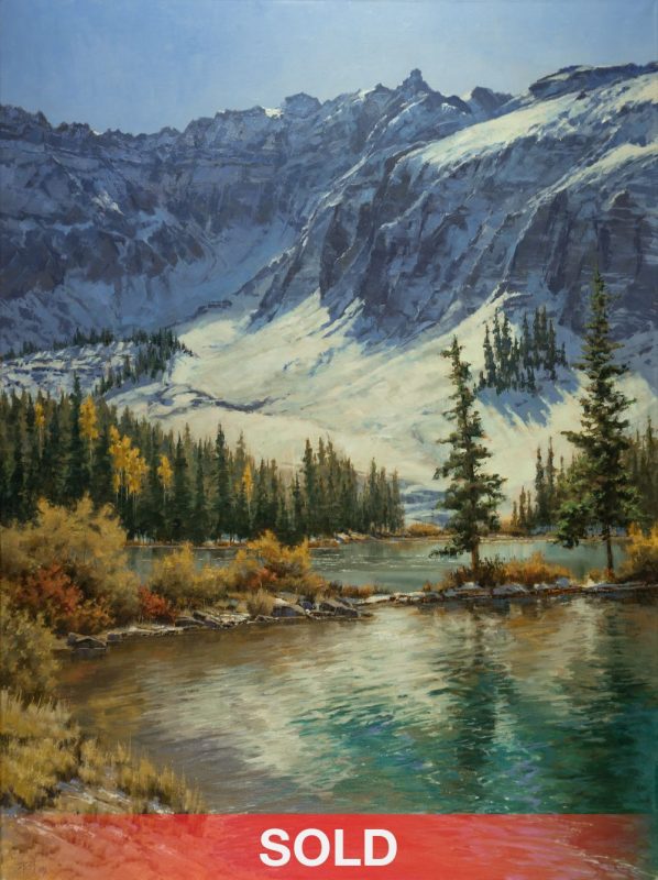 Darcie Peet September Breeze September Sparkle Alta Lake Telluride Colorado snow covered mountains icy lake snow mountain trees western oil landscape painting