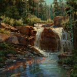 Darcie Peet Sun Sparkles Aqua water stream river waterfall western oil landscape painting