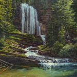 Darcie Peet Tumble In Aqua Shimmer waterfall river creek stream high mountain lake river stream western landscape oil painting