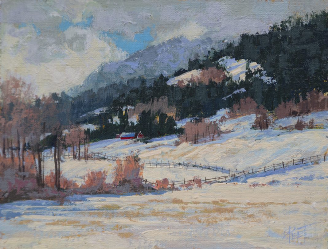 Darcie Peet Welcome Breath of Sunshine snow hills mountains western acrylic landscape painting