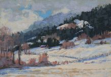 Darcie Peet Welcome Breath of Sunshine snow hills mountains western acrylic landscape painting