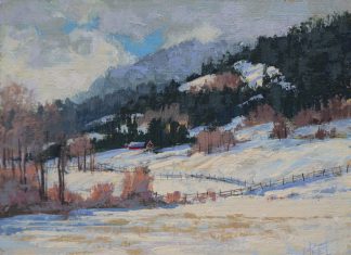 Darcie Peet Welcome Breath of Sunshine snow hills mountains western acrylic landscape painting