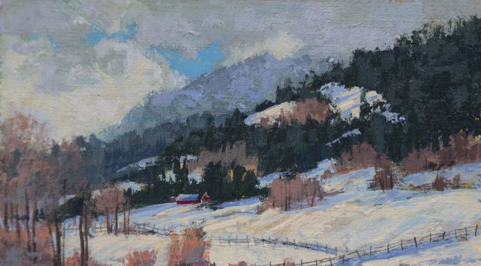 Darcie Peet Welcome Breath of Sunshine snow hills mountains western acrylic landscape painting