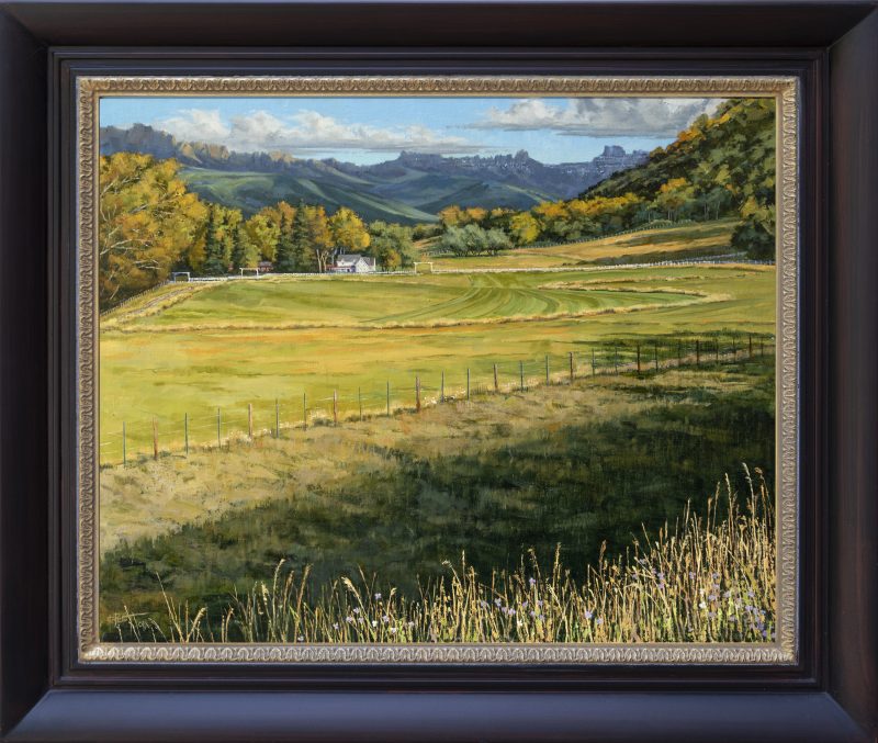 Darcie Peet Last Cutting Last Wildflowers farm ranch high mountains western oil landscape painting framed