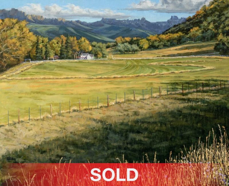 Darcie Peet Last Cutting Last Wildflowers farm ranch high mountains western oil landscape painting sold