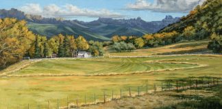 Darcie Peet Last Cutting Last Wildflowers farm ranch high mountains western oil landscape painting