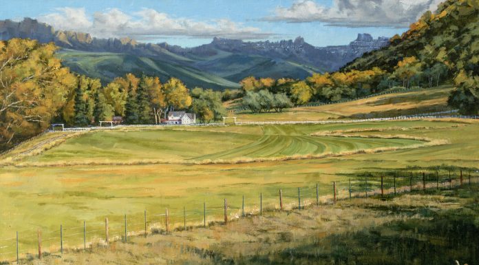 Darcie Peet Last Cutting Last Wildflowers farm ranch high mountains western oil landscape painting