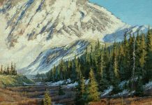 Darcie Peet May Melt Sparkle mountains snow trees river stream brook western landscape oil painting