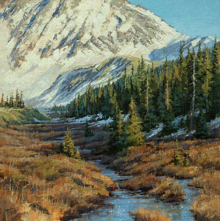 Darcie Peet May Melt Sparkle mountains snow trees river stream brook western landscape oil painting