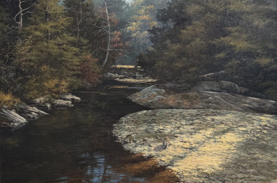 Lanford Monroe Morning Ramble wildlife oil painting raccoons stream brook river forest nature