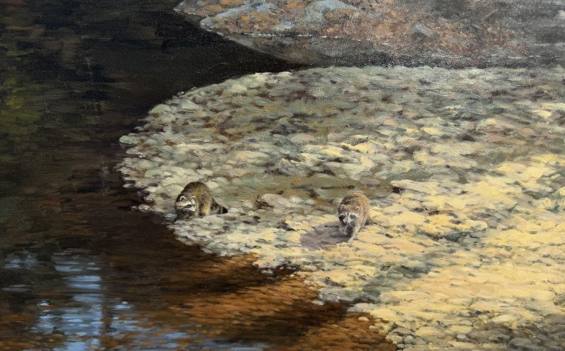 Lanford Monroe Morning Ramble wildlife oil painting raccoons stream brook river forest nature close up
