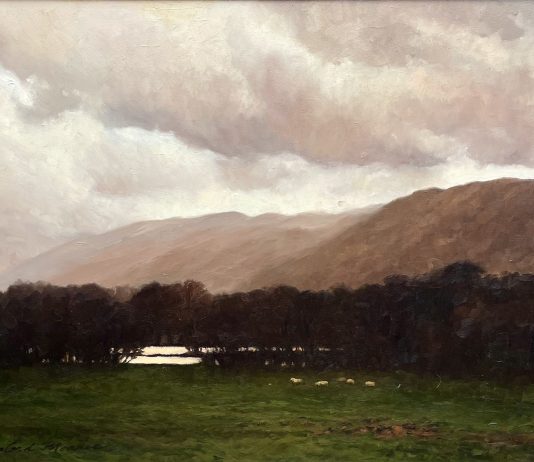 Lanford Monroe Passing Storm cloud lake river stream inlet sheep lamp western landscape oil painting