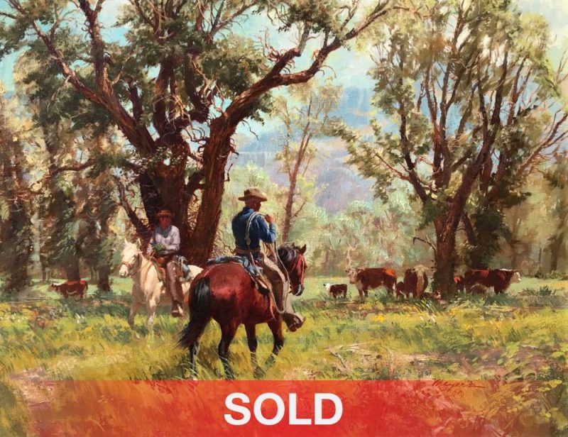 Robert Meyers "Lower Cow Pastures" cowboy horse equine cattle cows calf ranching cowboying western oil painting landscape sold