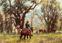 Robert Meyers "Lower Cow Pastures" cowboy horse equine cattle cows calf ranching cowboying western oil painting landscape