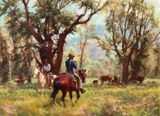 Robert Meyers "Lower Cow Pastures" cowboy horse equine cattle cows calf ranching cowboying western oil painting landscape