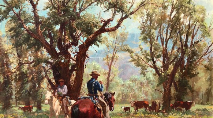 Robert Meyers "Lower Cow Pastures" cowboy horse equine cattle cows calf ranching cowboying western oil painting landscape