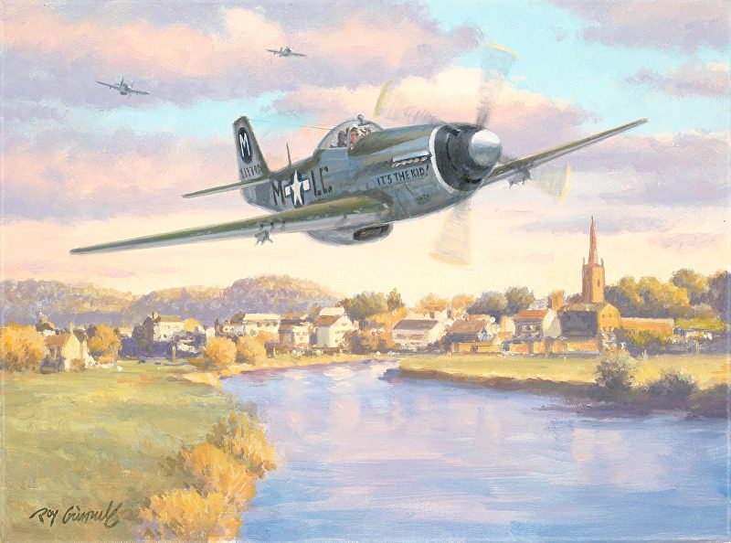 Roy Grinnell Mission Completed military airplane over town city aviation oil painting